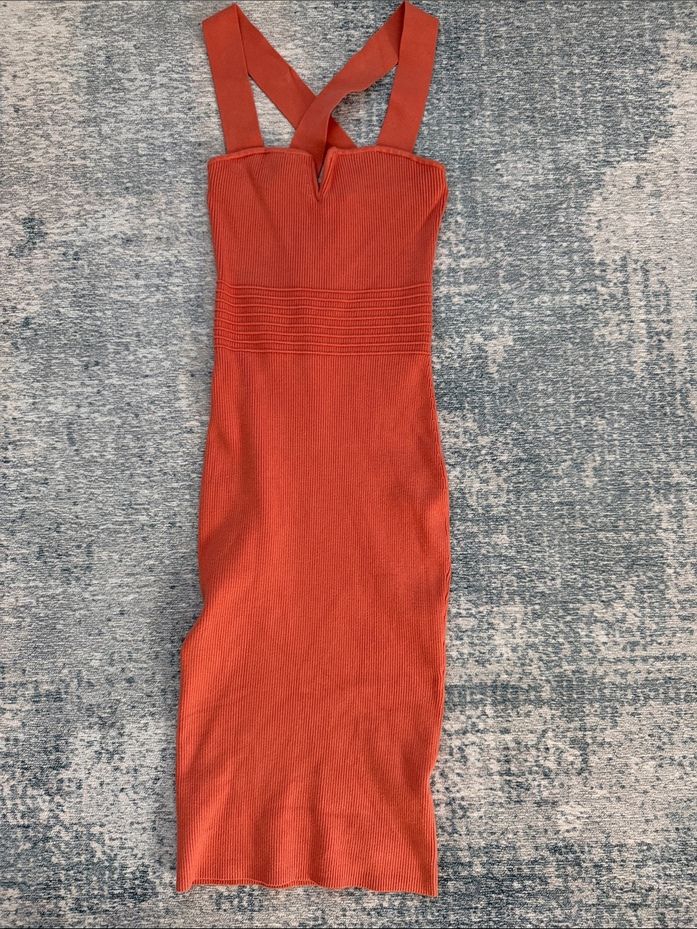 Express Coral Ribbed V-Strap Midi Dress